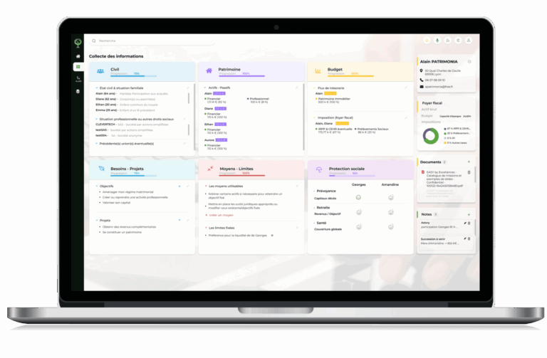 Dashboard Easy by Exceliances sur ordinateur portable - Logiciel de gestion patrimoniale SaaS pour conseillers CGP avec modules fiscalité, retraite et transmission