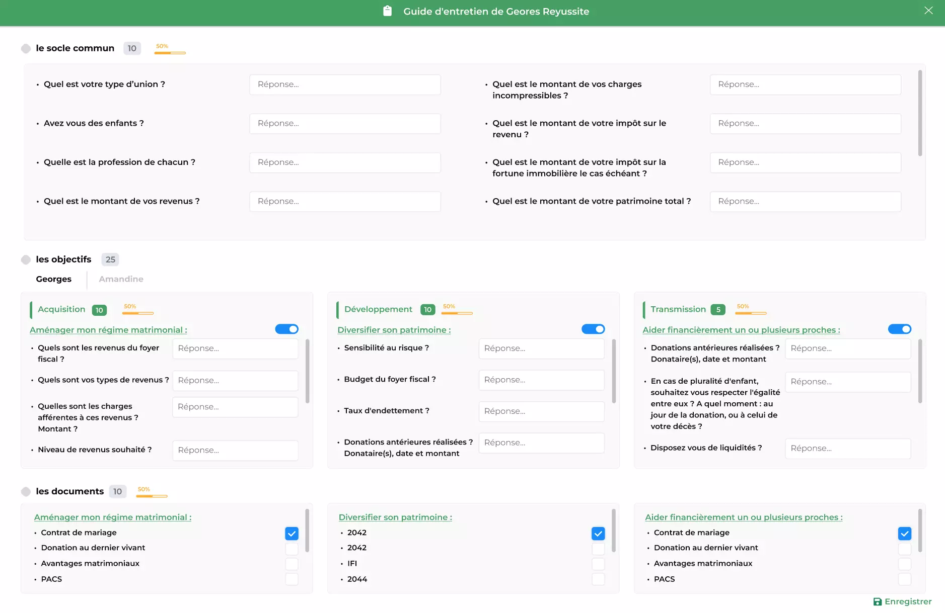 Guide d'entretien patrimonial structuré Easy by Exceliances - Interface d'aide au rendez-vous client CGP avec questions et documents à collecter
