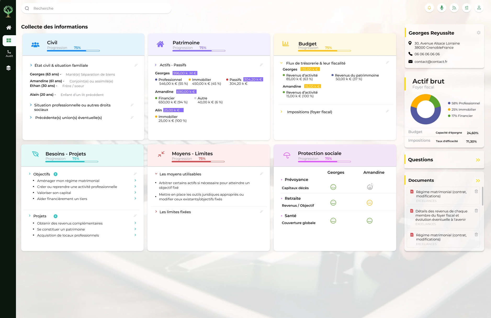 Interface complète de collecte intelligente Easy by Exceliances - Dashboard multicanal pour saisie des informations patrimoniales, civiles, budgétaires et fiscales