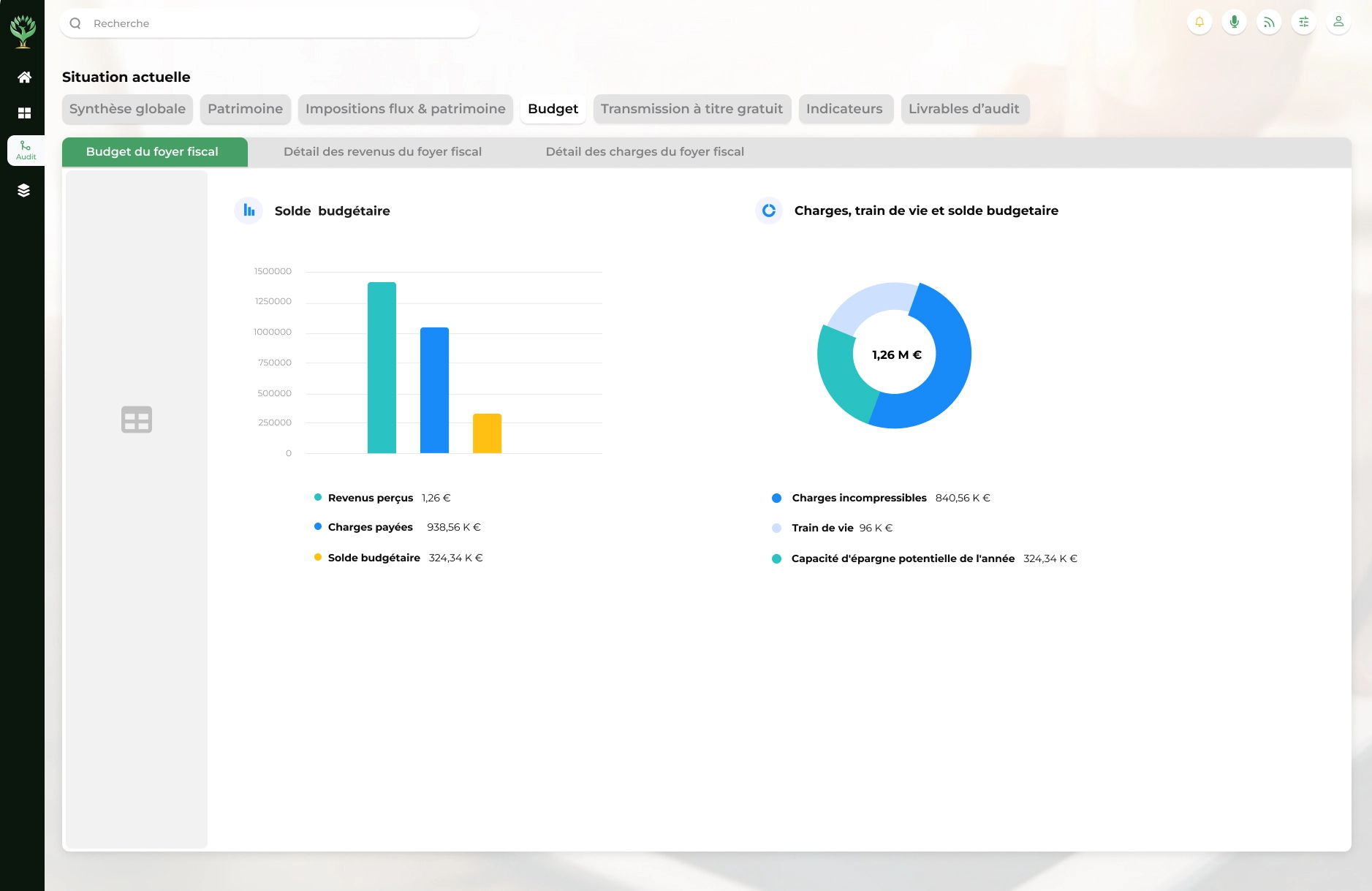Audit patrimonial 360 degrés Easy by Exceliances - Analyse complète situation financière avec graphiques budget et répartition charges