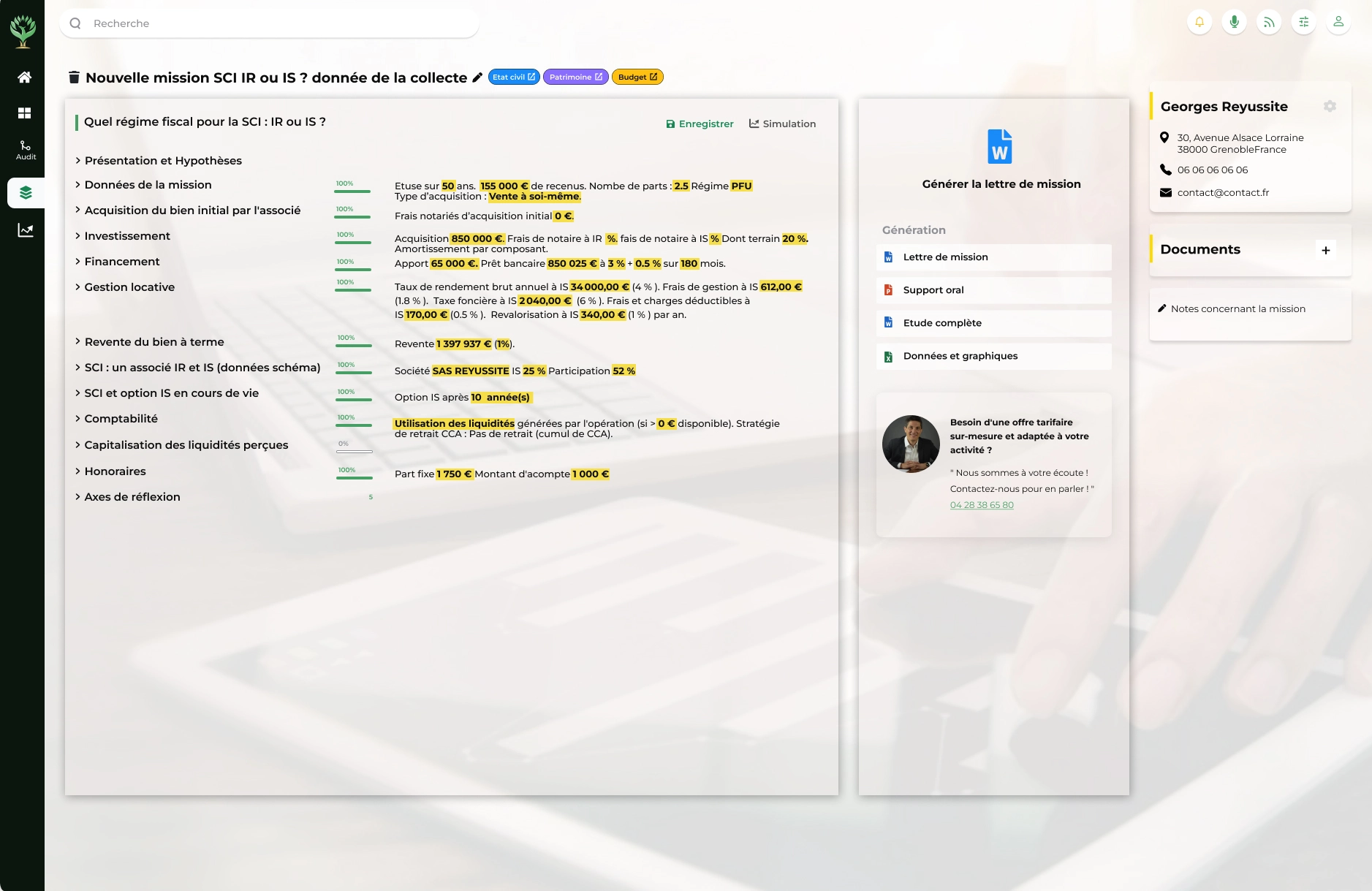 Module de formalisation du conseil Easy by Exceliances - Génération automatique de livrables patrimoniaux personnalisés et rapports d'expertise CGP